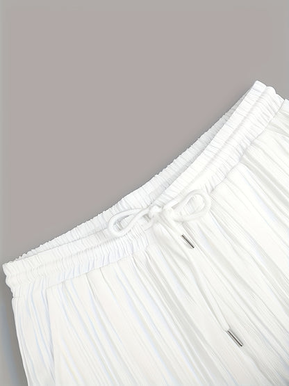 2-Piece Men's Summer Striped Polyester Suit, Short Sleeve Stand Collar Shirt and Drawstring Pants, Non-Stretch Fabric, Suitable for Casual Wear and Beach Vacation, Solid Color