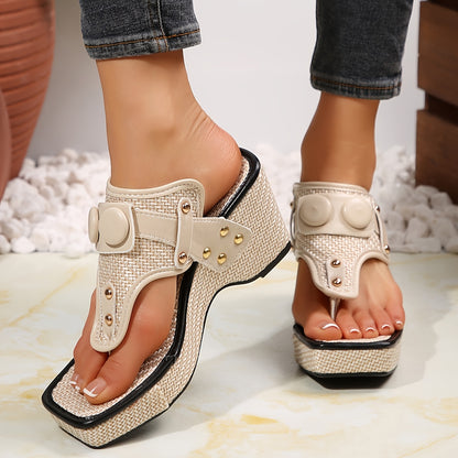 Կանացի հաստ հարթակային սանդալներ մետաղական կեռիկներով - Սահող քառակուսի քթով, շնչող գործվածքից պատրաստված վերին մաս, ռետինե ներբան՝ առօրյա հարմարավետության համար, հարմարավետ կոշիկներ, նրբագեղ դիզայն, դիմացկուն կոշիկներ՝ ամուր կպչունության համար։