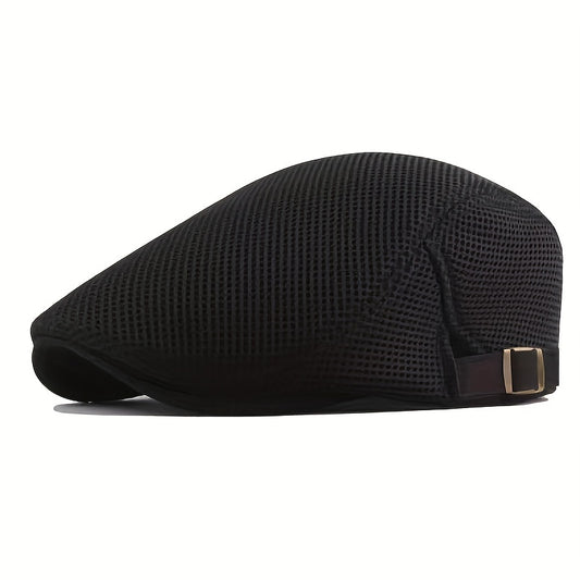 1 Men's Breathable Mesh Beret Hat - Casual Summer Style, 100% Polyester with Adjustable Faux Leather Strap for Comfort Fit - ayq