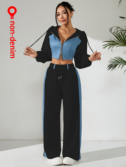 Women'S Stylish Two-Piece Set - Blue & Black Zip-Up Hoodie with Pockets, Long Sleeve Crop Top, and Wide-Leg Pants, Perfect for Spring/Fall, Casual Elegance, Casual Attire|Modern Casualwear|Zippered Hoodie