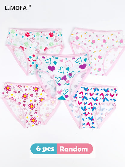 6pcs Girls' Cotton Panties, Love & Floral Pattern Soft Breathable Lace Triangle Underwear