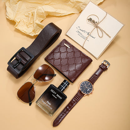 6 հատ տղամարդու գործնական ոճի դրամապանակ-ժամացույցի ժապավեն + երկարակյաց թարմ բույրով օծանելիքի բաժակներ և շնորհավորական բացիկների նվերների հավաքածու՝ կատարյալ նվեր նրա համար տարեդարձի կամ ծննդյան օրվա առթիվ