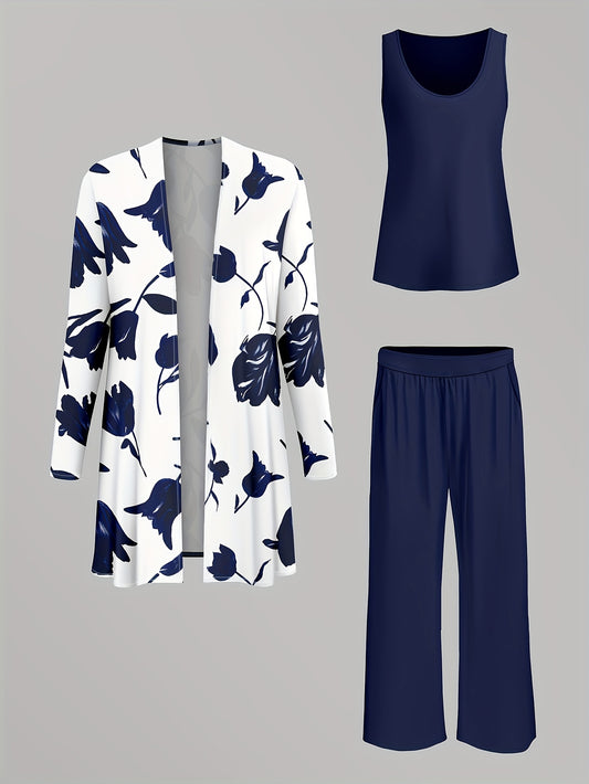 Նորաձև, էլեգանտ, պարզ, առօրյա կանացի տպագիր վերնաշապիկ-տաբլետ-բաճկոնի հավաքածու՝ երեք մասից բաղկացած