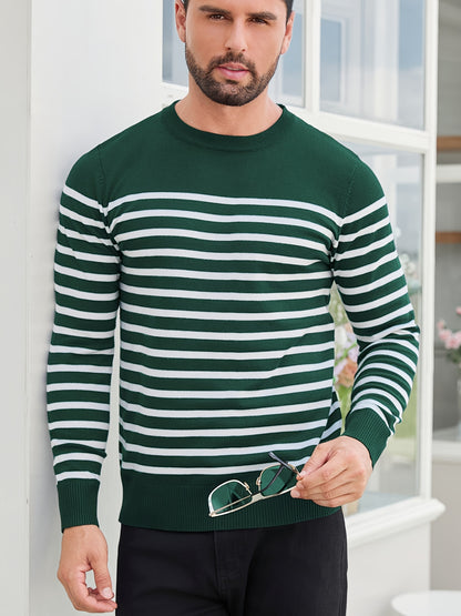 Գարնանային և աշնանային ամենօրյա երկգույն գծավոր տղամարդու սվիտեր-պուլովեր՝ գունավոր բլոկներով, կլոր վզնոցով, տղամարդու տրիկոտաժե վերնաշապիկ