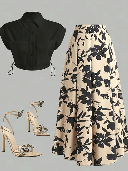 Կանացի էլեգանտ վերնաշապիկի և միդի կիսաշրջազգեստի հավաքածու