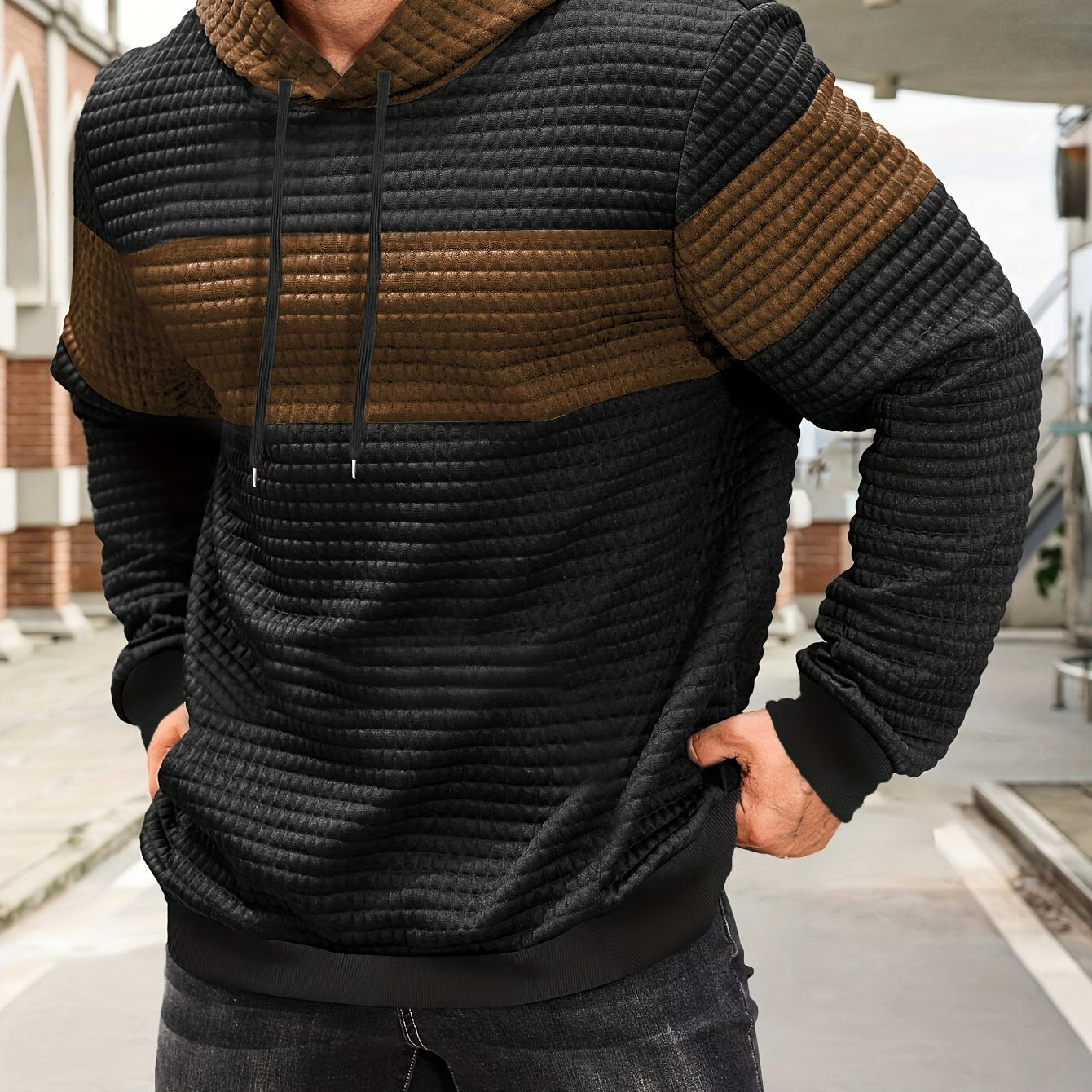 Նորաձև գլխարկով սվիտեր | Տղամարդու առօրյա սվիտեր թեթևակի ձգվող գործվածքից, երկար թևքերով, գրպանային դետալներով, միագույն նախշերով՝ գարուն/աշուն