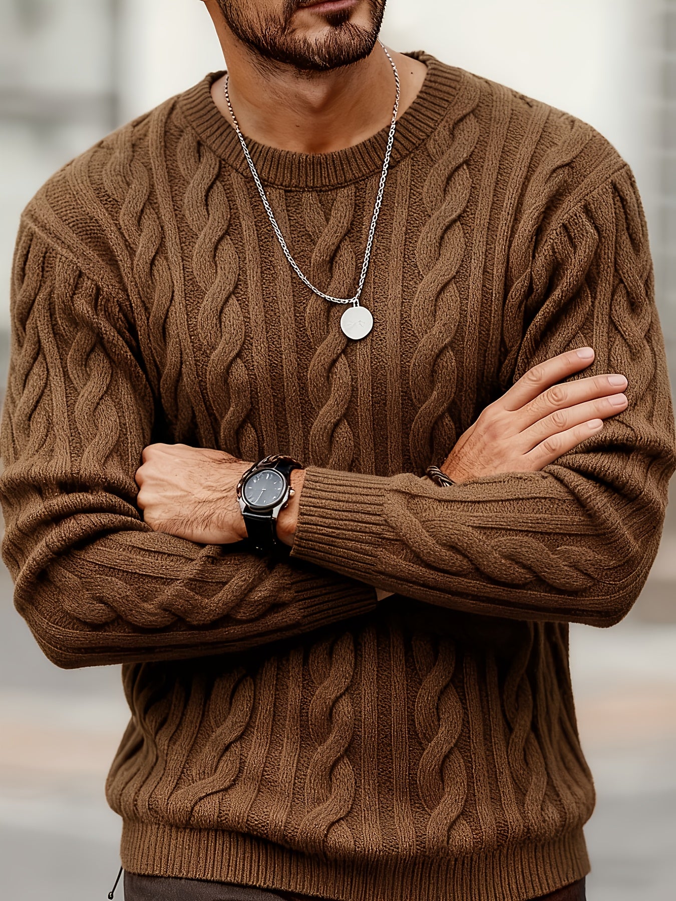 New Autumn-Winter Men's Casual Commuter Solid Color Crew Neck Knit Pullover