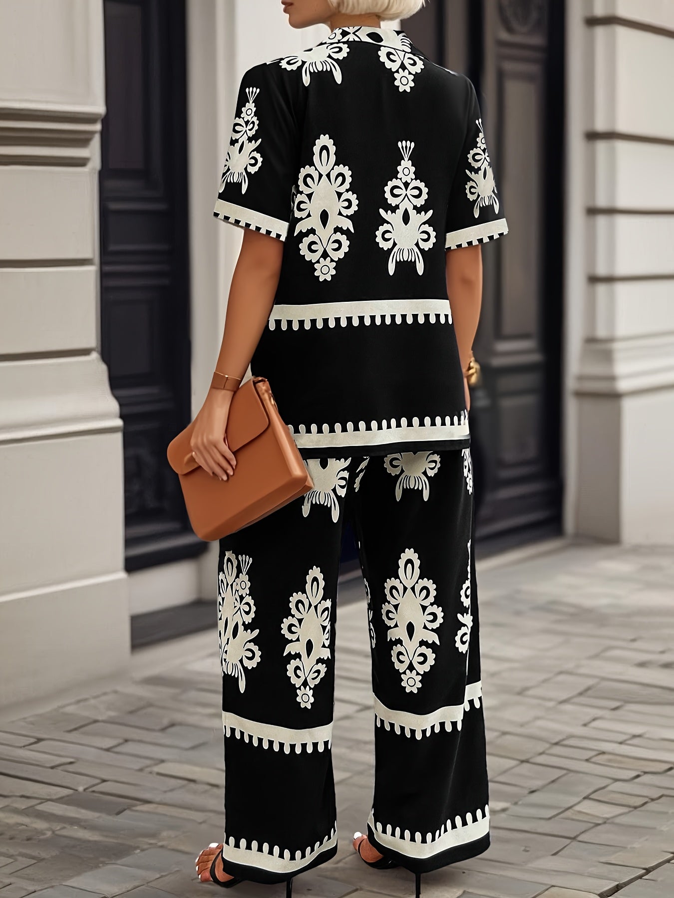 Casual Country Print Pattern Loose Short Sleeve Top and Pants Two-Piece Set Summer Clothes, Elegant Summer Evening Mist