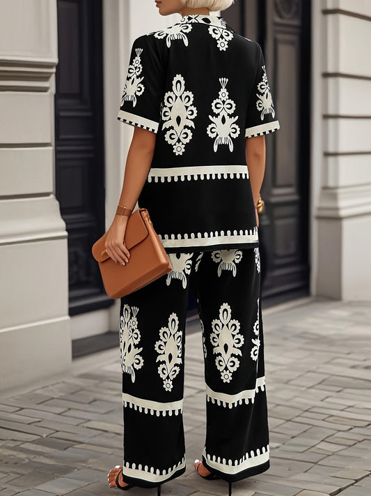 Casual Country Print Pattern Loose Short Sleeve Top and Pants Two-Piece Set Summer Clothes, Elegant Summer Evening Mist