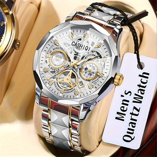 CASHIQI ապրանքանիշի տղամարդկանց պողպատե ժապավենով քվարցե ժամացույց՝ ռոմբաձև ցիֆերբլատով, փայլուն զարդարանքով, օրացույցով և լուսավորվող էկրանով, IPX7 ջրակայուն դատարկ քվարցե ժամացույց՝ բիզնեսի, ճանապարհորդության և ամենօրյա կրման համար - իդեալական նվեր: