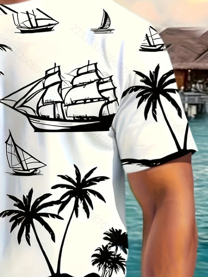 A set of 2 stylish Men's palm tree pattern summer fresh T-shirts and shorts, micro-stretch polyester knit fabric with a fitted fit, suitable for outdoor activities and family gatherings.