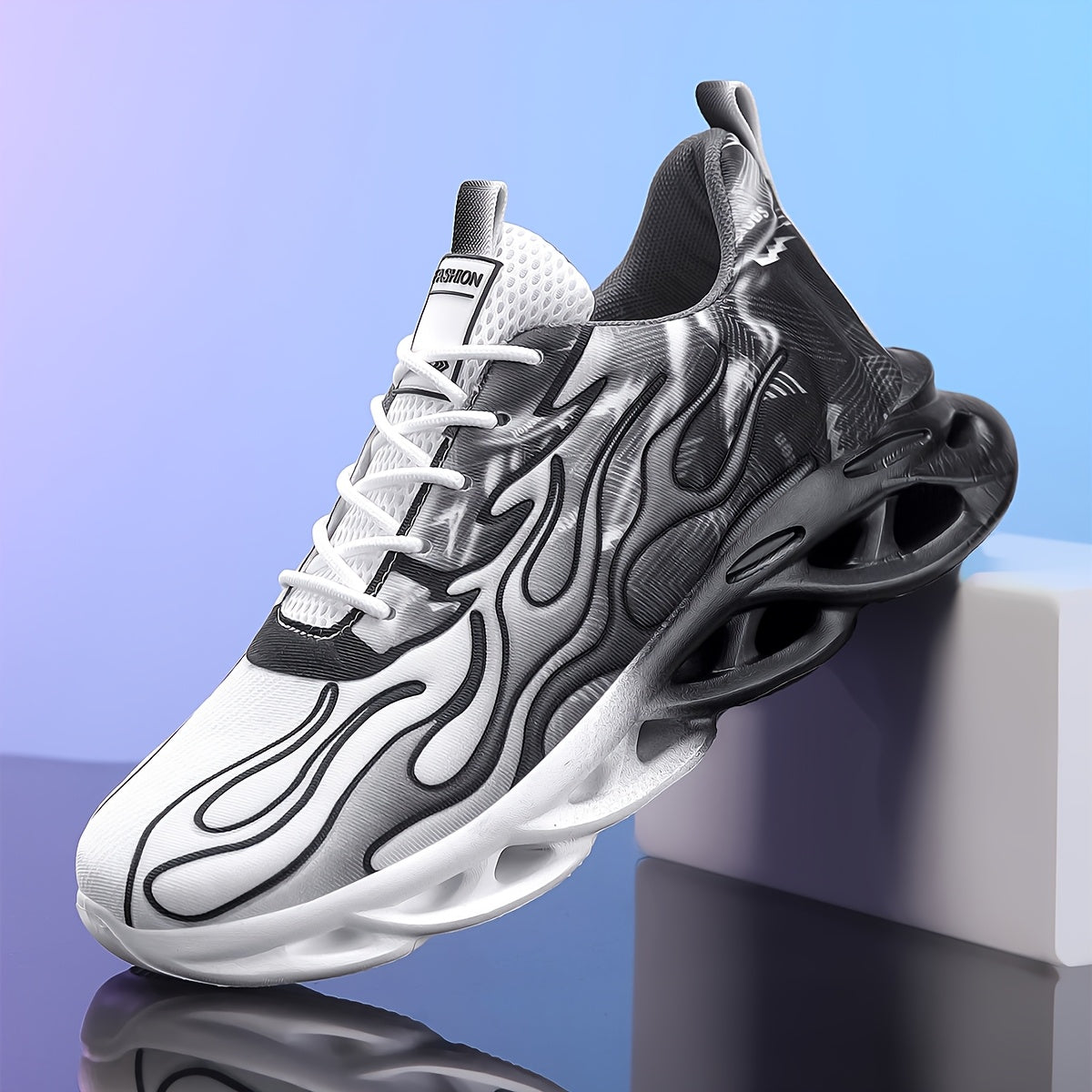 Նորաձև սև-սպիտակ գրադիենտային սպորտային կոշիկներ՝ շնչող ցանցով, հաստ ներբանով՝ հասակը մեծացնելու համար, նորաձև սպորտային, առօրյա վազքի կոշիկներ՝ բոցավառ դիզայնով, իդեալական ուսանողների համար՝ առօրյա հագուստով, բարձրակրունկ սպորտային կոշիկներ