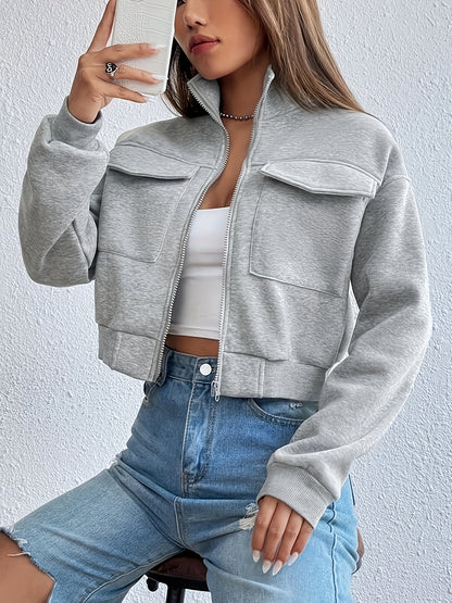 Zip Front Flap Pockets Jacket, Casual Turtleneck Crop Jacket For Fall, Women's Clothing - ayq