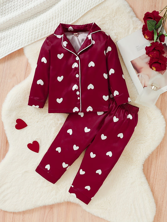 2pcs Spring and Autumn Children's Girls' Love Print Home Clothes Pajama Set - ayq