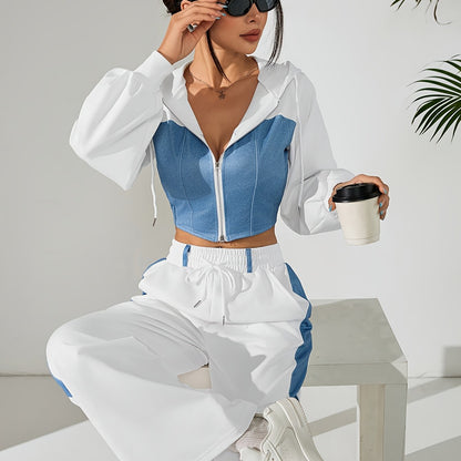 Women'S Stylish Two-Piece Set - Blue & Black Zip-Up Hoodie with Pockets, Long Sleeve Crop Top, and Wide-Leg Pants, Perfect for Spring/Fall, Casual Elegance, Casual Attire|Modern Casualwear|Zippered Hoodie