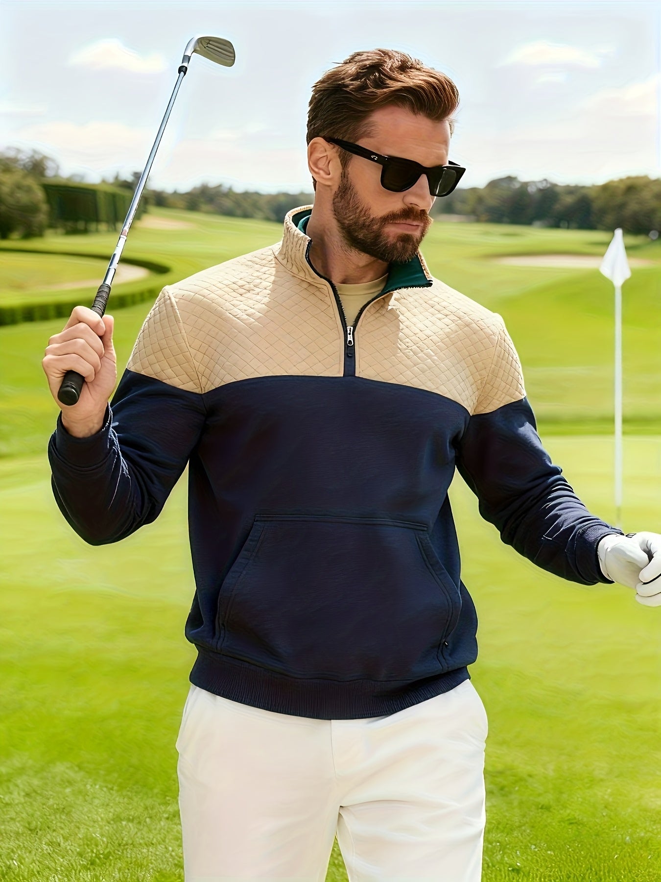 Տղամարդու աշնանային և ձմեռային կիսաճտքավոր սպորտային սվիտեր՝ հարմար մարզումների, վազքի և ֆիթնեսի համար, ոճային և հարմարավետ դիզայնով, փոքր վանդակավոր կանգնած օձիքով և հասանելի է մեծ չափսերով։