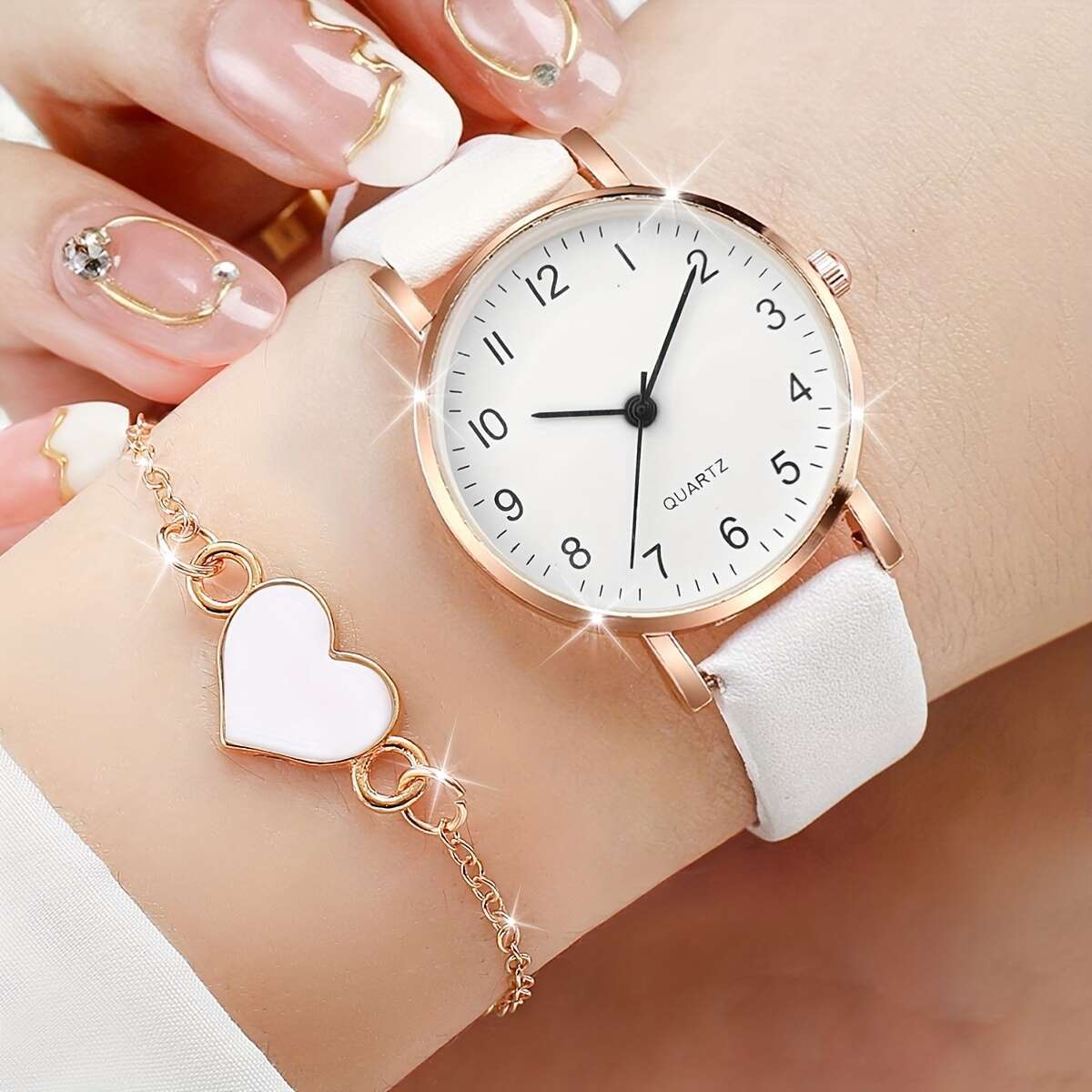 4pcs/set Elegant Women'S Quartz Watch and Heart Charm Bracelet Combo, Simple Fashion Analog Dial, Alloy Case, Faux Leather Strap, Round Shape - Battery Operated (Boxes Not Included) - Ayq