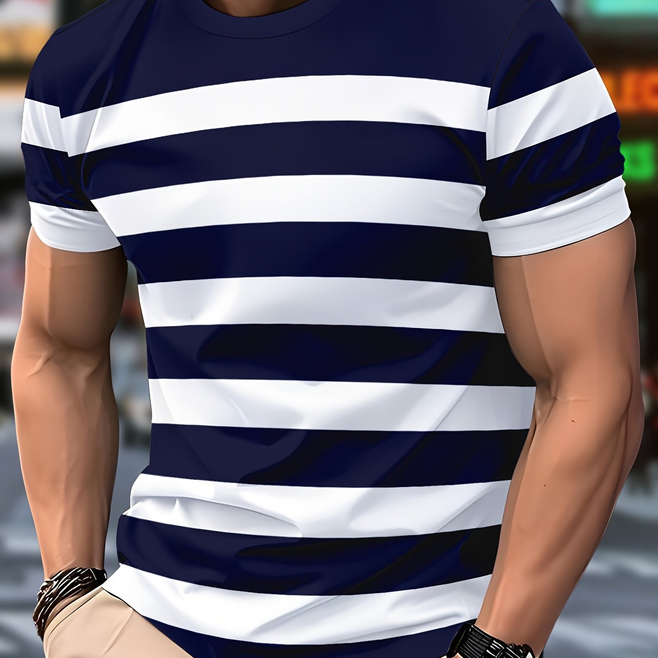 Տղամարդու կարճ թևքով, գծավոր, մուգ կապույտ, սպիտակ, ուղղահայաց շերտերով շապիկ՝ կլոր վզով, սովորական չափսերով, թեթև պոլիեսթերային գործվածքով, իդեալական է առօրյա հագուստի համար, դասական, գծավոր, թեթև շապիկ։