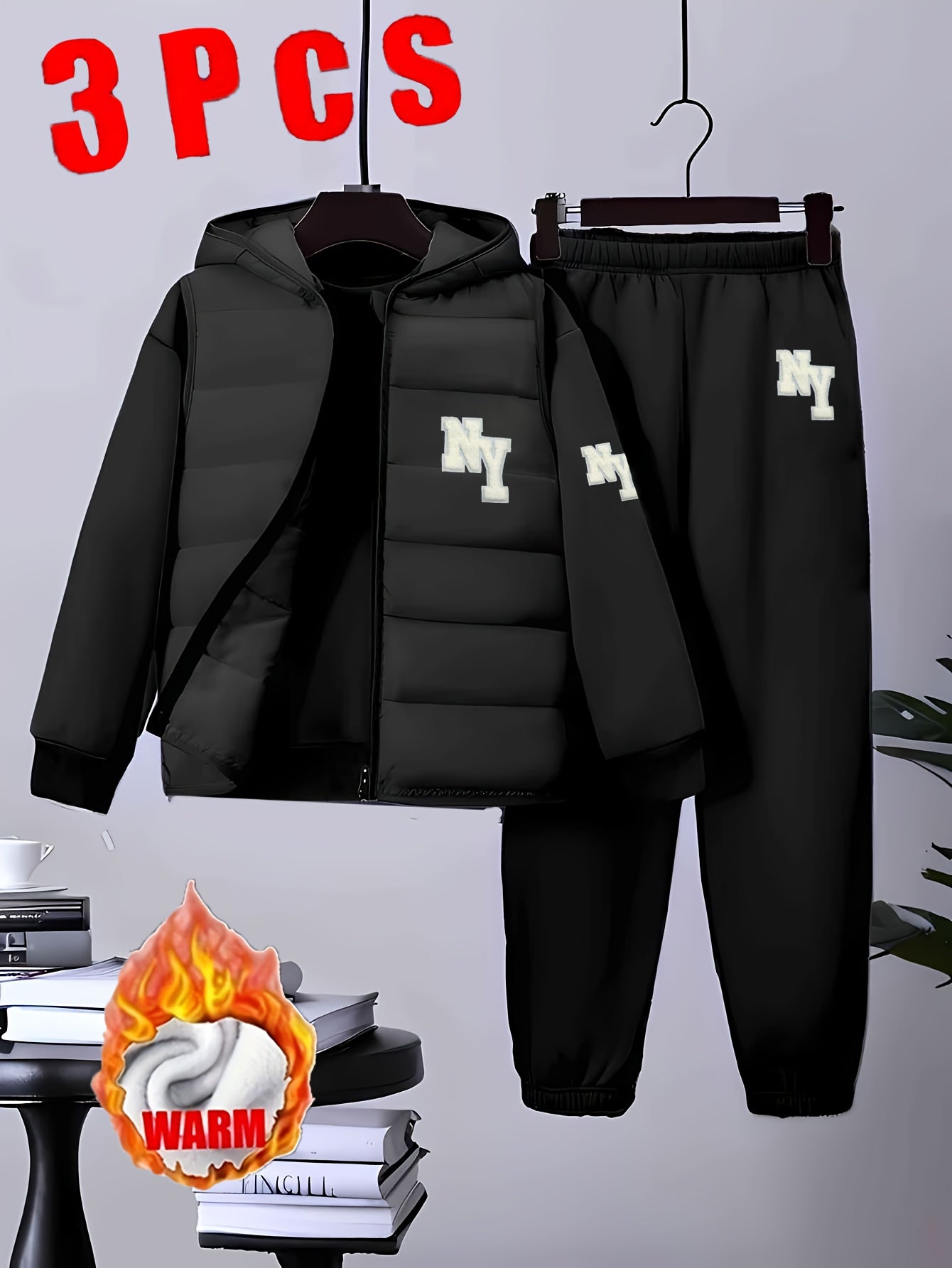 3pcs Boys' Winter Warm Uniform Set - NY Logo Lettered Jacket, Sweatshirt & Pants with Numbered Parch-Like Strips (8-12 Years) | Machine Washable 3pcs Outfit for, & Cold Weather | Non-Stretch Layered Clothing, Perfect for Outd