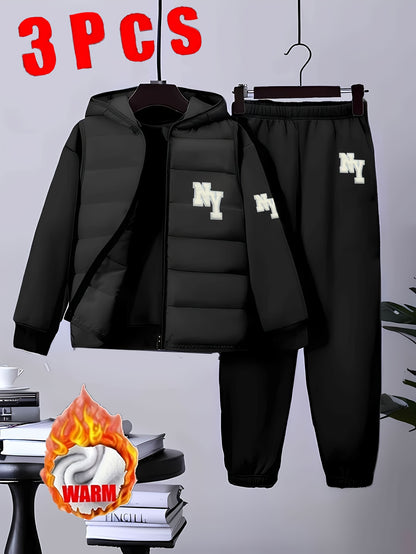 3pcs Boys' Winter Warm Uniform Set - NY Logo Lettered Jacket, Sweatshirt & Pants with Numbered Parch-Like Strips (8-12 Years) | Machine Washable 3pcs Outfit for, & Cold Weather | Non-Stretch Layered Clothing, Perfect for Outd