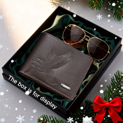 2pcs Men's wallet set with an eagle spreading its wings design, featuring fine embossing and a metal nameplate, paired with stylish glasses to showcase a rugged style, suitable for daily use by mature men or as a holiday gift