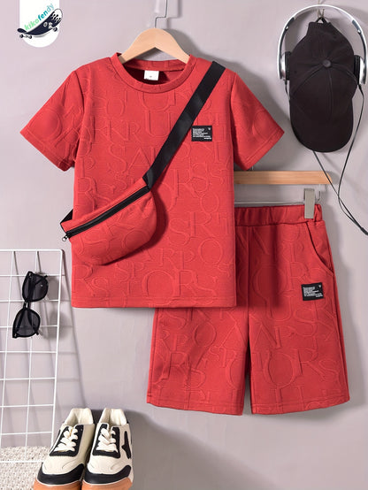 Տղաների համար նախատեսված ոճային սպիտակ կարճ թևքով մարզաշապիկ + առօրյա շորտեր + նորաձև կրծկալով պայուսակի հավաքածու, իդեալական է բացօթյա օգտագործման համար