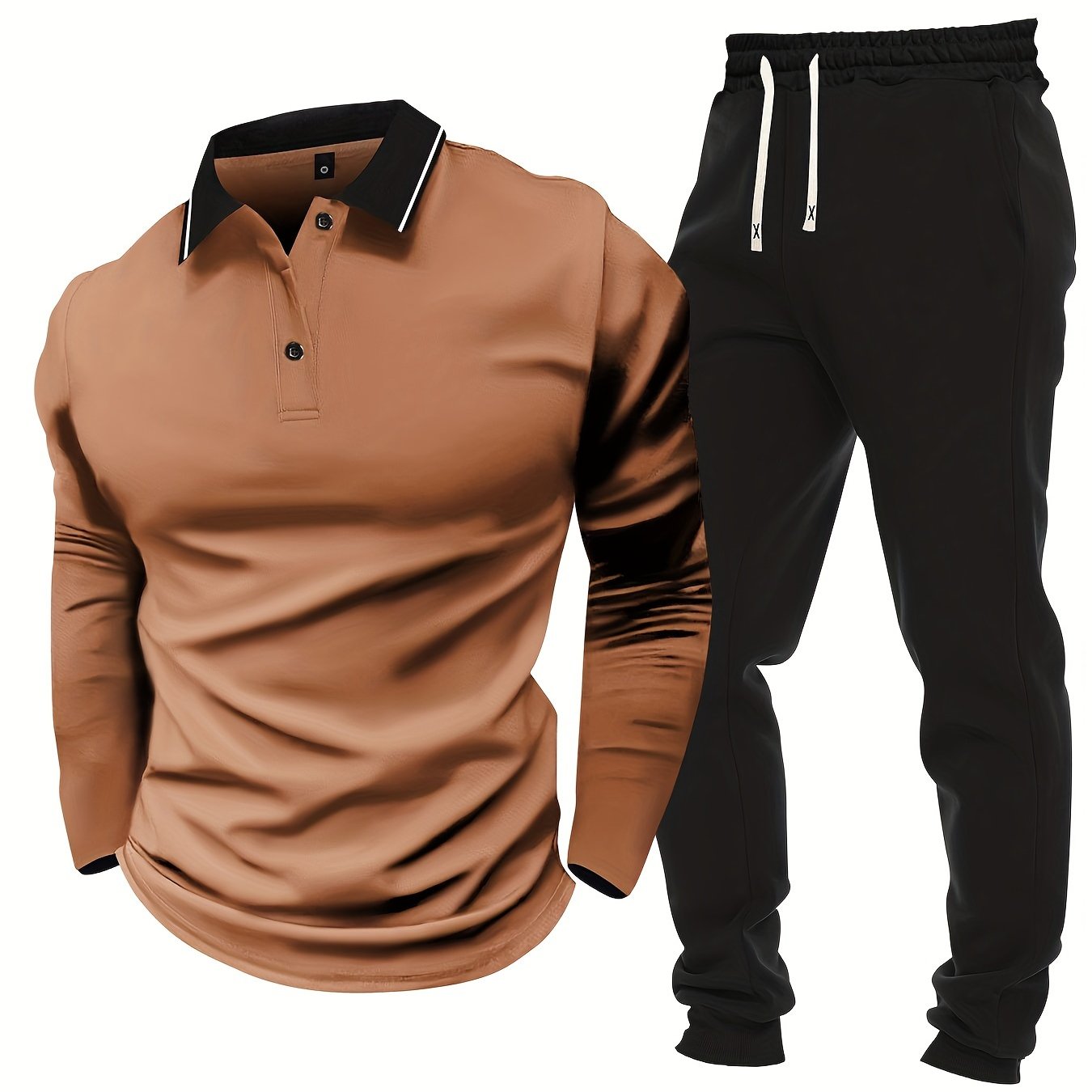 Տղամարդու առօրյա, գունային բլոկներով երկար թևքերով, կոճակներով վերնաշապիկ և լարով վազող տաբատ՝ պոլիեսթերի խառնուրդով, գրպաններով, իդեալական է գարնան/աշնան համար