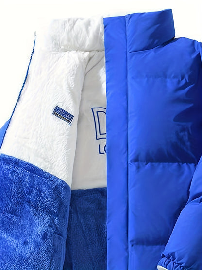 Men'S Double-Sided Fleece-Lined Thickened Jacket - Casual Stand Collar with Letter Print, Regular Fit, Pockets, Polyester Fill, Versatile for Fall/Winter, Winter Jacket
