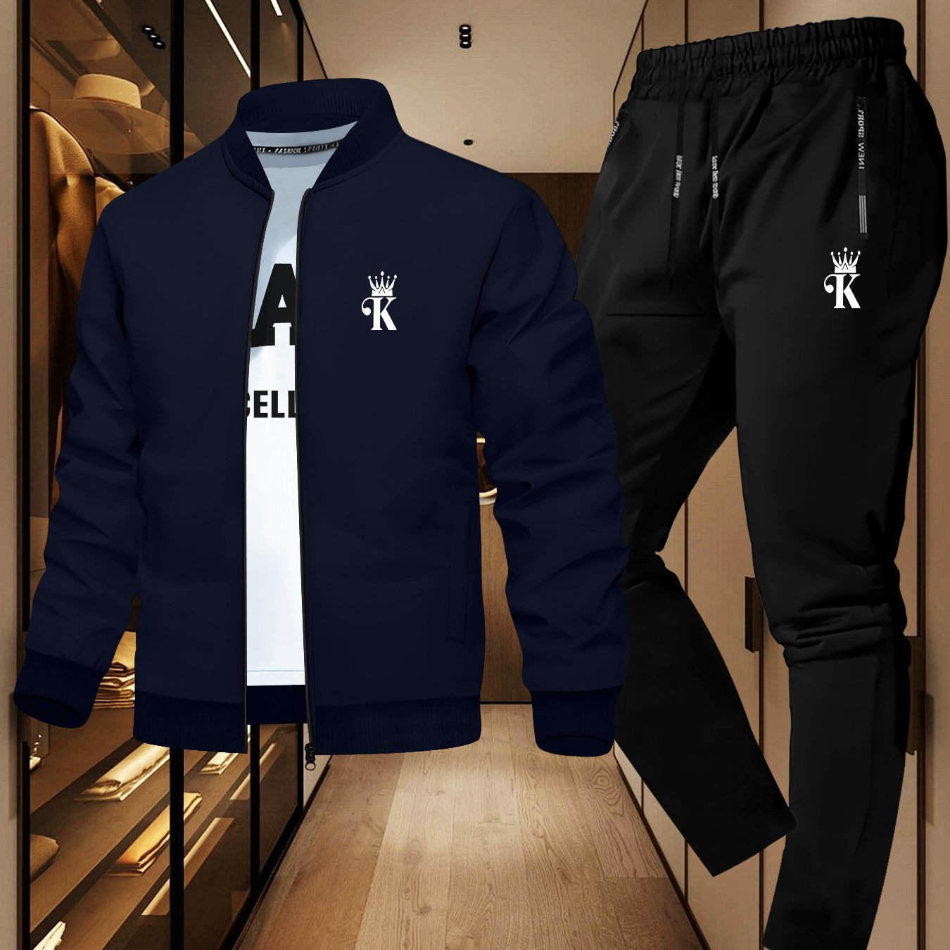 Տղամարդու նորաձև երկկտոր բաճկոնի և սպորտային տաբատի հավաքածու՝ մուգ կապույտ գույնի, ոճային նախշերով, առօրյա երիտասարդական սպորտային հագուստ, կայծակաճարմանդ դետալով, երկար թևքերով, նեղ չափսերով, աշուն/ձմեռ հավաքածու