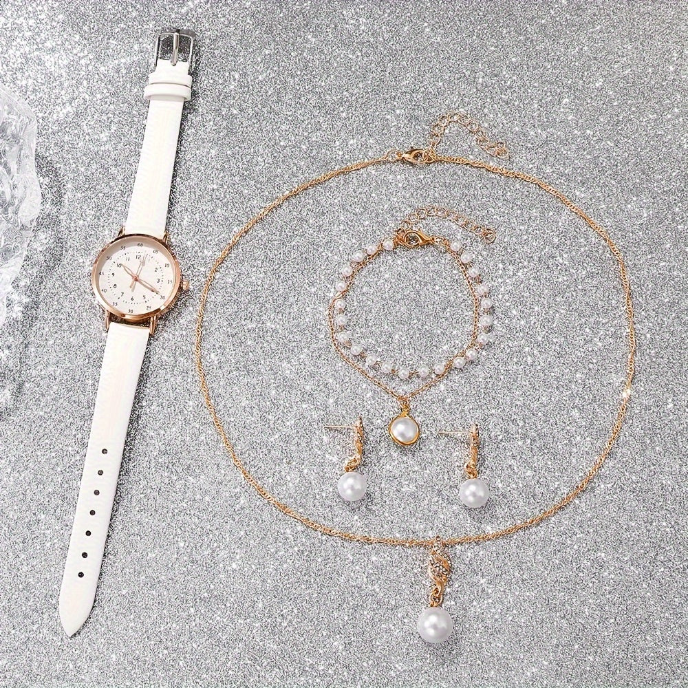 Elegant 5pcs Women's Quartz Watch & Jewelry Set - Round, Faux PU Leather Strap, Zinc Alloy Case - Perfect Gift for Valentine's, Easter, Birthdays, Christmas - Ayq