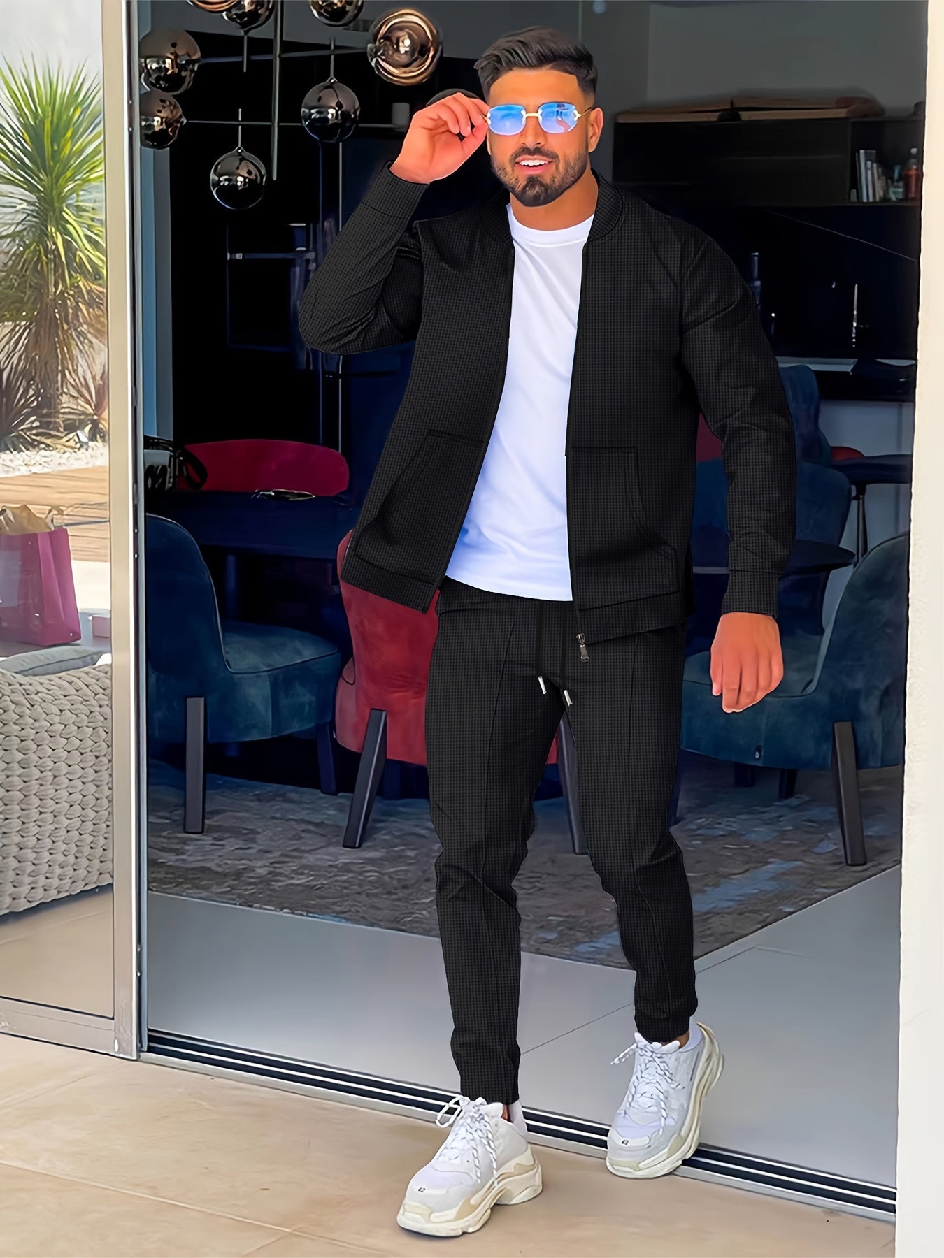 Բեյսբոլի օձիքով բաճկոնի և տաբատի հավաքածու՝ վաֆլի գործվածքից