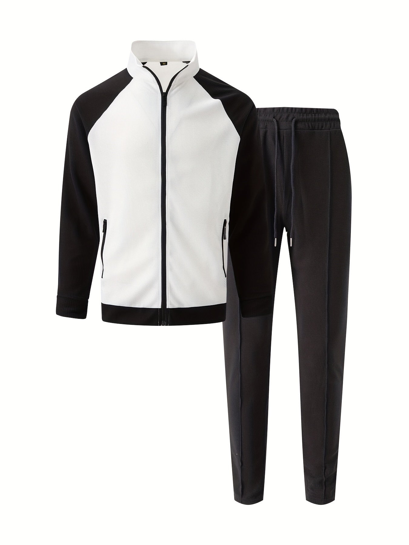 Տղամարդու սպորտային գունային բլոկով կայծակաճարմանդով բաճկոնի և վազքի տաբատի հավաքածու - պոլիեսթերի խառնուրդ, իդեալական է գարնան/աշնան համար