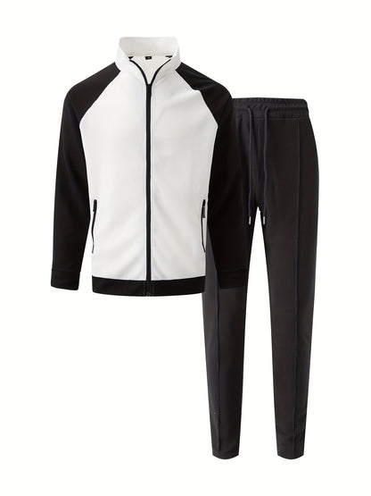 Տղամարդու սպորտային գունային բլոկով կայծակաճարմանդով բաճկոնի և վազքի տաբատի հավաքածու - պոլիեսթերի խառնուրդ, իդեալական է գարնան/աշնան համար