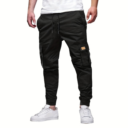 Men'S Fashion Cargo Pants, 100% Polyester Woven Fabric, All-Season Loose Fit with Drawstring Waist, Multi-Pocket Design, Solid Color, Mid Waist, Regular Length, Non-Stretch, Casual Joggers for Weekend - 160g/m²
