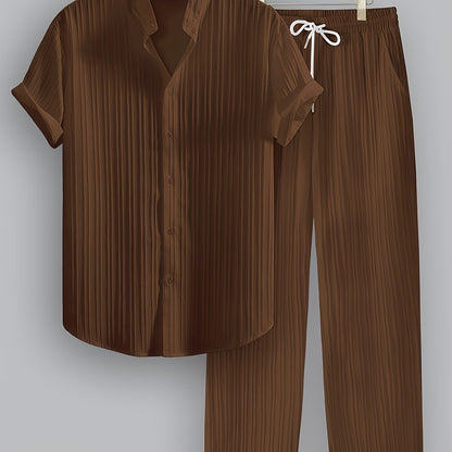 2-Piece Men's Summer Striped Polyester Suit, Short Sleeve Stand Collar Shirt and Drawstring Pants, Non-Stretch Fabric, Suitable for Casual Wear and Beach Vacation, Solid Color