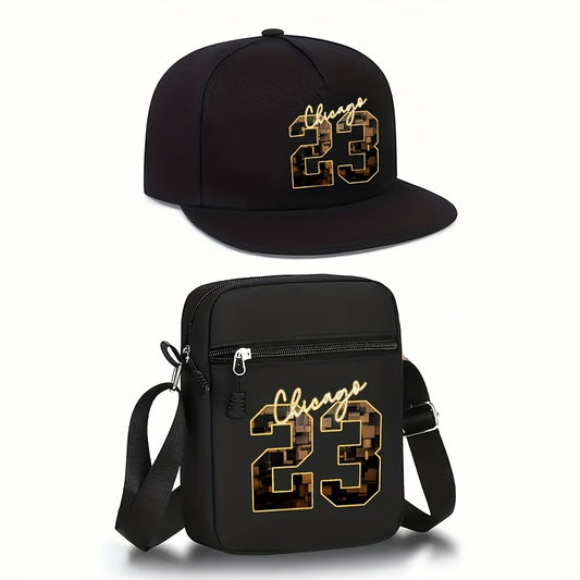 2pcs Chicago 23 Golden Print Baseball Cap & Crossbody Bag Set - Adjustable Snapback Hat with Black Mesh Back, Streetwear Style for Outdoor Sports, Casual Wear - Perfect Gift for Men, Chicago 23 Logo, Mesh Back Hat, Urban Fash
