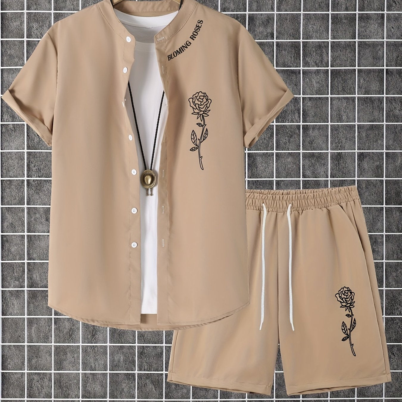 2 հատ տպագիր տղամարդու ամառային կարճ թևքերով կոճակներով վերնաշապիկի և շորտերի հավաքածու