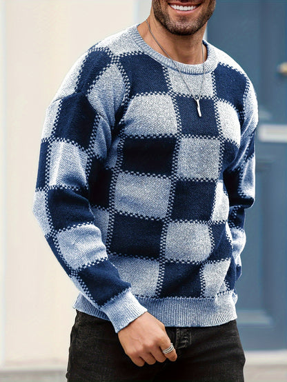 Տղամարդկանց գունաբլոկինգ տեքստուրային պրինտ, պատահական թրենդային սվիտեր, երկարաթև պուլովեր՝ որպես նվեր աշնան և ձմռան համար