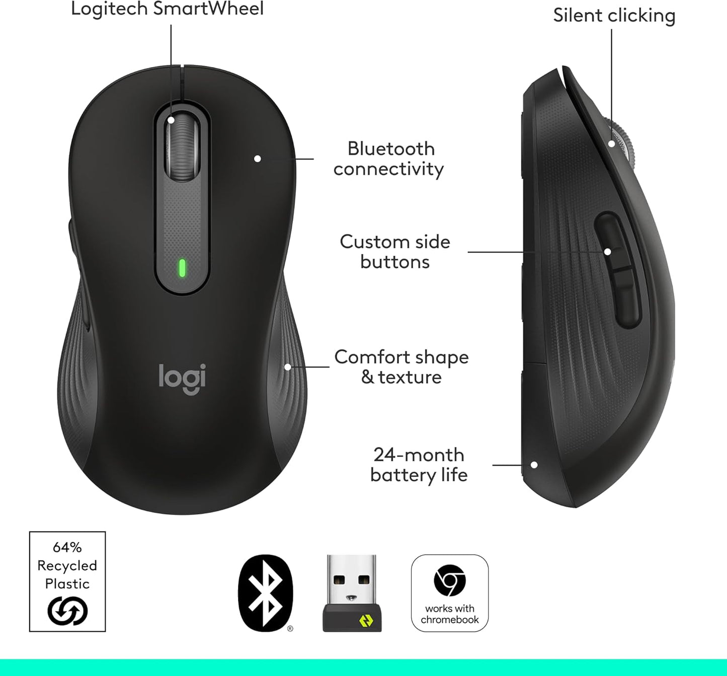 Logitech Signature M650 Wireless Mouse - for Small to Medium Sized Hands, 2-Year Battery, Silent Clicks, Customizable Side Buttons, Bluetooth, for Pc/Mac/Multi-Device/Chromebook - Black
