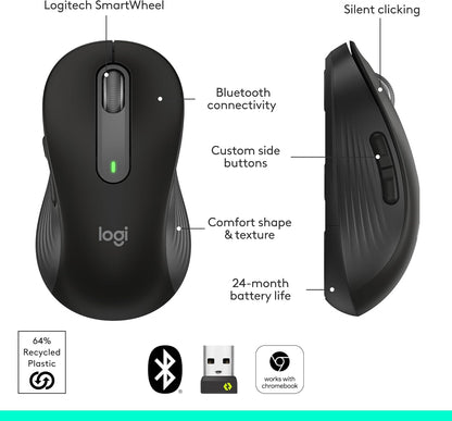 Logitech Signature M650 Wireless Mouse - for Small to Medium Sized Hands, 2-Year Battery, Silent Clicks, Customizable Side Buttons, Bluetooth, for Pc/Mac/Multi-Device/Chromebook - Black
