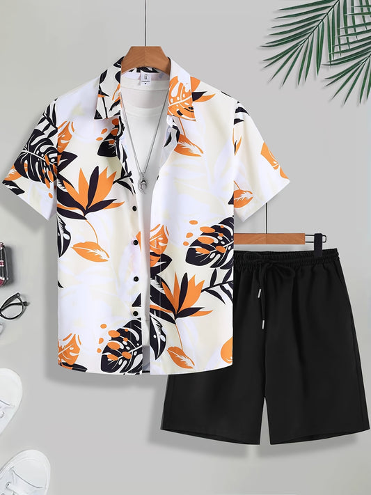Men'S Tropical Palm Leaf Print Short Sleeve Shirt & Solid Black Shorts Set - Casual Summer Outfit with Drawstring Waist, Non-Stretch Fabric, Perfect for Beach or Vacation, Beach Attire | Tropical Print Shirt | Nonstretch Fabr