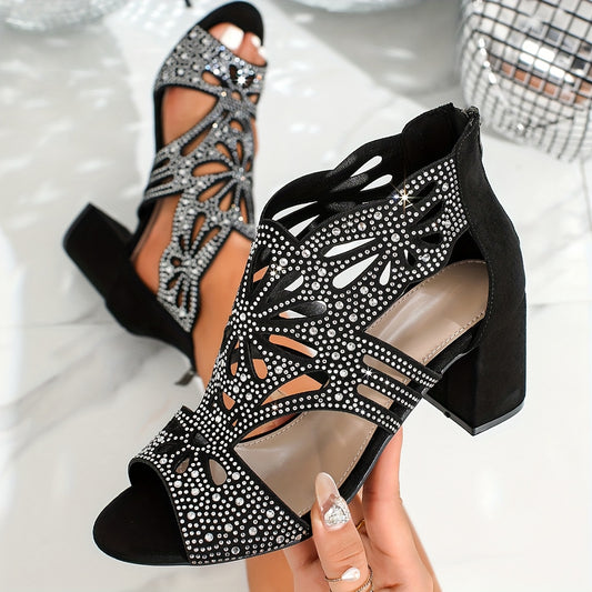 Elegant Black Floral Cut-Out High Heel Sandals for Women - Round Toe Block Heel with Zipper Closure, Ankle Strap, and Rhinestone Embellishments, Perfect for Parties and Formal Events, Formal Footwear   Floral Embellished Shoe