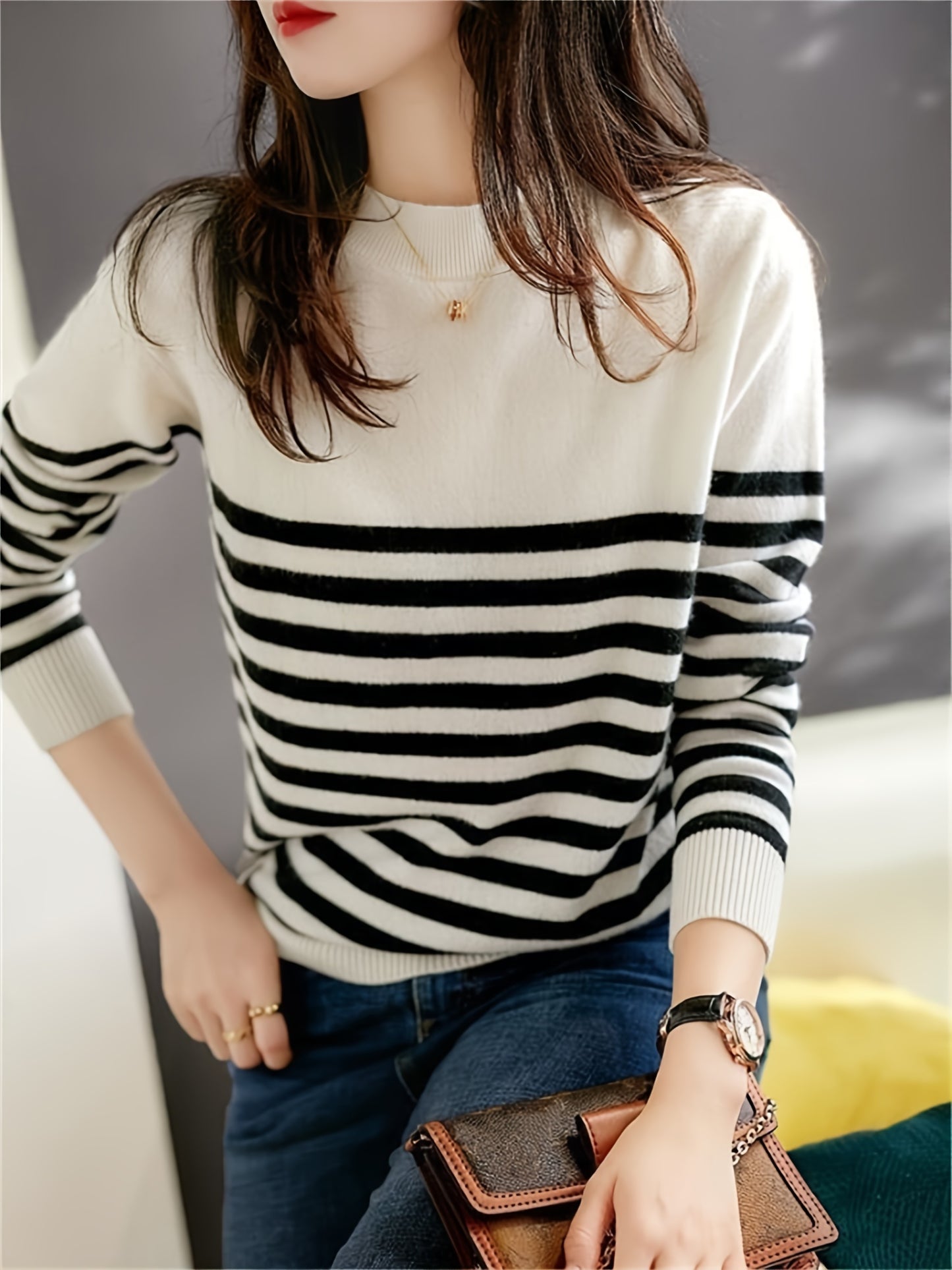 Կանացի Casual Color Block Crew պարանոցով սվիտեր, երկարաթև տրիկոտաժե վերնաշապիկ, վիսկոզայի խառնուրդ 75% պոլիեսթեր 25%, միջին ձգվող, բոլոր եղանակներին, 350 գ/մ² Գործվածքի քաշը