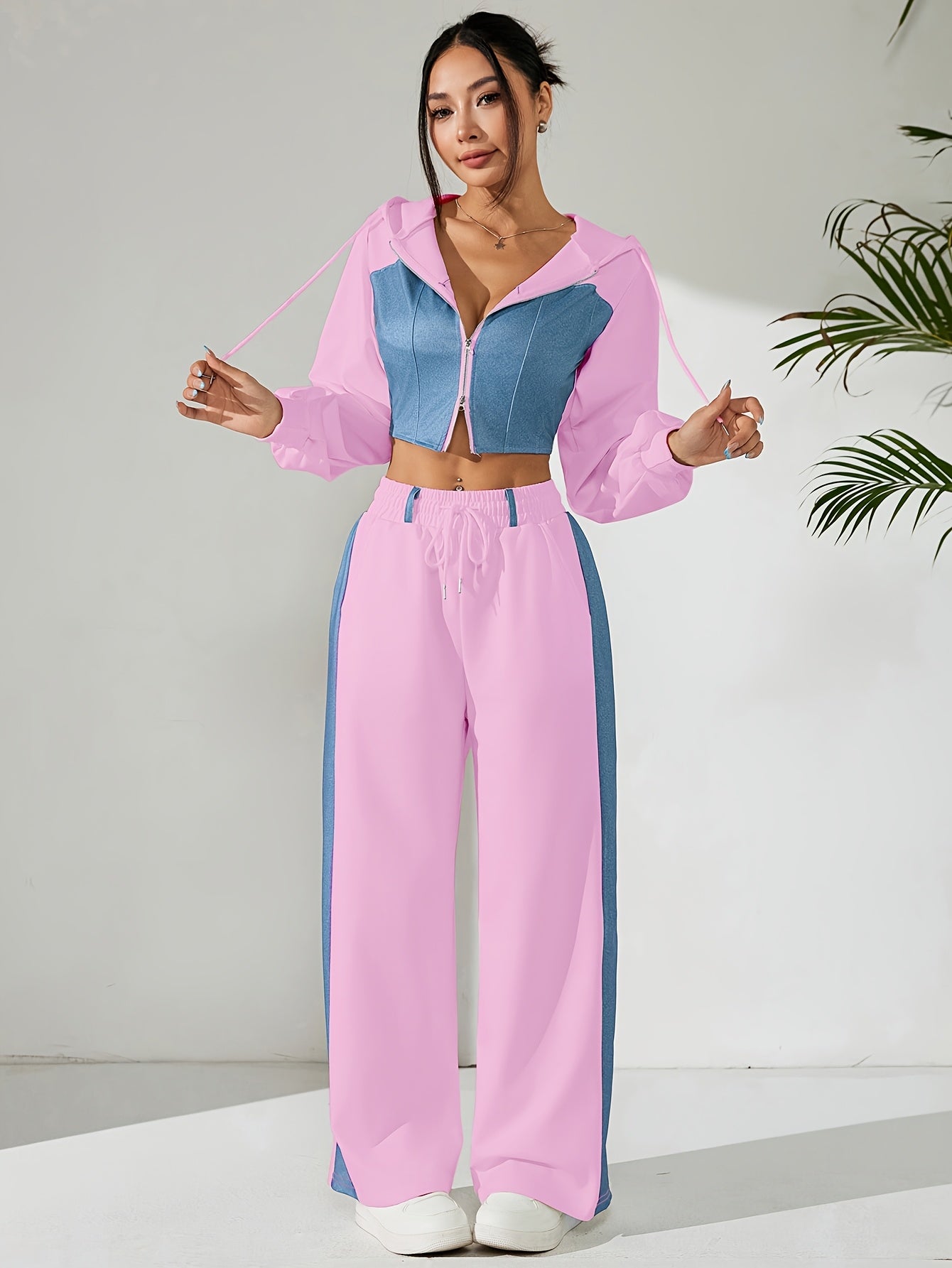 Women'S Stylish Two-Piece Set - Blue & Black Zip-Up Hoodie with Pockets, Long Sleeve Crop Top, and Wide-Leg Pants, Perfect for Spring/Fall, Casual Elegance, Casual Attire|Modern Casualwear|Zippered Hoodie