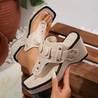 Կանացի հաստ հարթակային սանդալներ մետաղական կեռիկներով - Սահող քառակուսի քթով, շնչող գործվածքից պատրաստված վերին մաս, ռետինե ներբան՝ առօրյա հարմարավետության համար, հարմարավետ կոշիկներ, նրբագեղ դիզայն, դիմացկուն կոշիկներ՝ ամուր կպչունության համար։