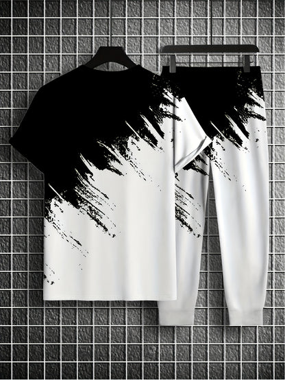 Տղամարդկանց նորաձևության գրադիենտային նախշերով, կլոր վզնոցով, կարճ թևքով մարզաշապիկ և տաբատ, երկու մասից բաղկացած հավաքածու՝ բացօթյա սպորտի համար