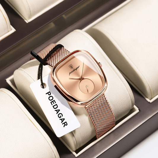 POEDAGAR Elegant Women's Quartz Watch - Waterproof, Stainless Steel Mesh Band, Rose Golden Square Dial, Black Strap, Perfect for Parties & Casual Attire, Stylish Timepiece | Elegant Design | Mesh Strap Watch, Watch Accessorie