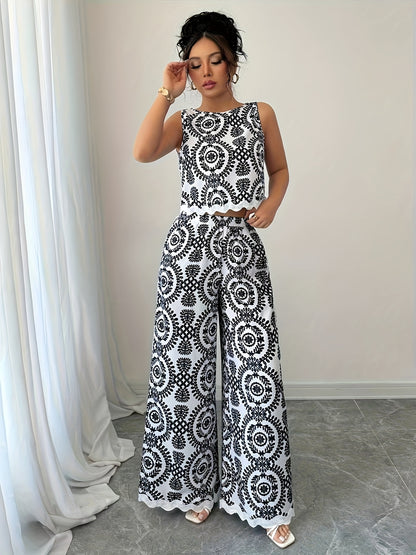 2 հատ կանացի բուսական նախշերով կլոր վզնոցով անթև վերնաշապիկի և տաբատի հավաքածու