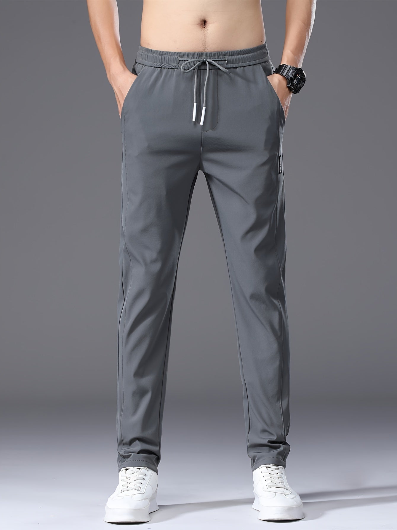 Men's Slim Fit Casual Drawstring Sports Pants, Summer Lightweight Trendy Elastic Quick-Dry Long Trousers, Stylish Comfortable Leisure Wear