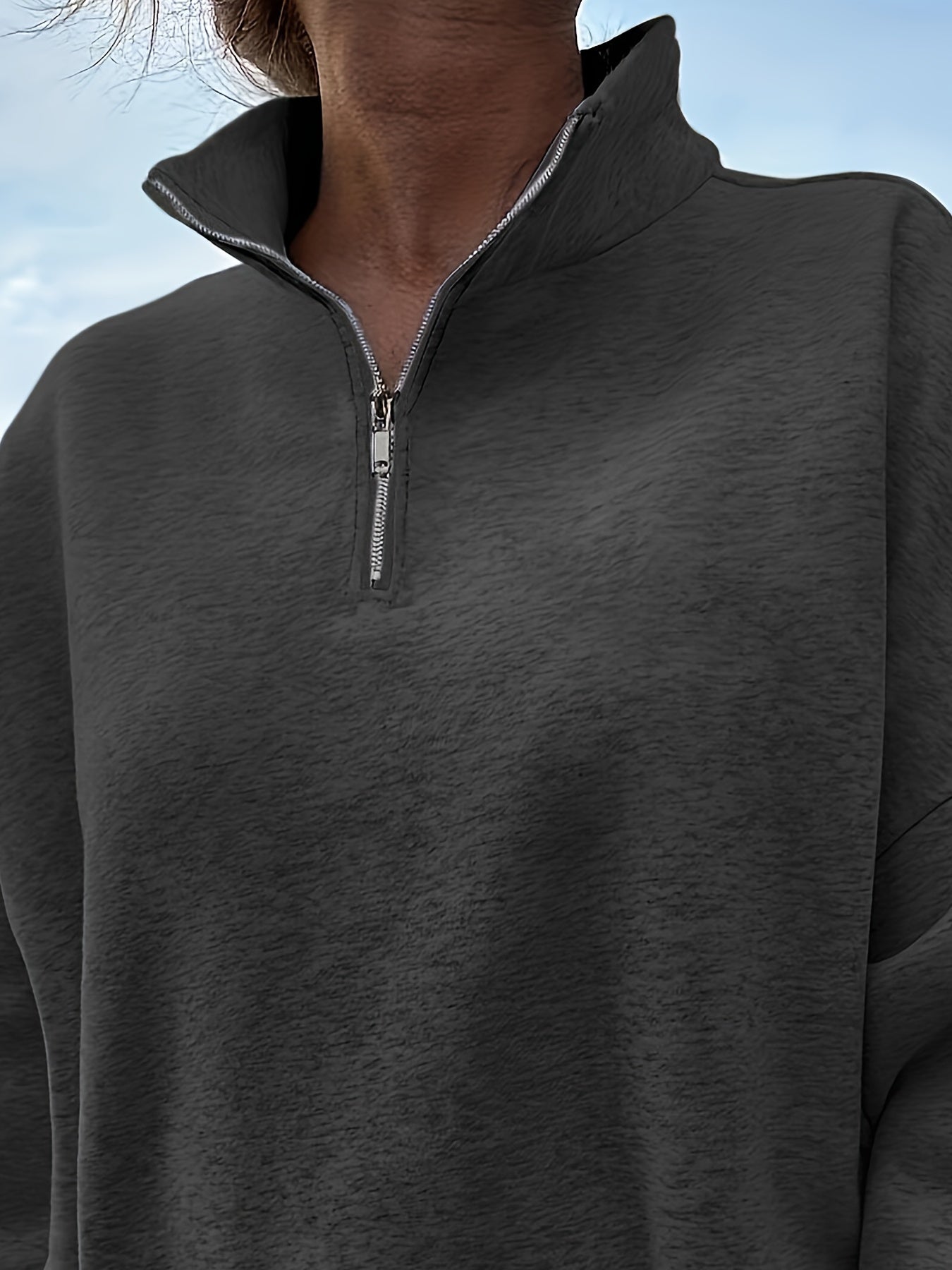 Women's Casual Heather Gray Half-Zip Sweatshirt - Soft Polyester & Elastane Blend, Long Sleeve, Stand Collar, Machine Washable - Perfect for Spring/Fall - ayq